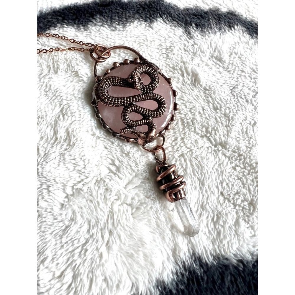 Divine LOVE Rose Quartz + CLear Quartz Point Serpent Snake Pendant Neckl… - Picture 2 of 6
